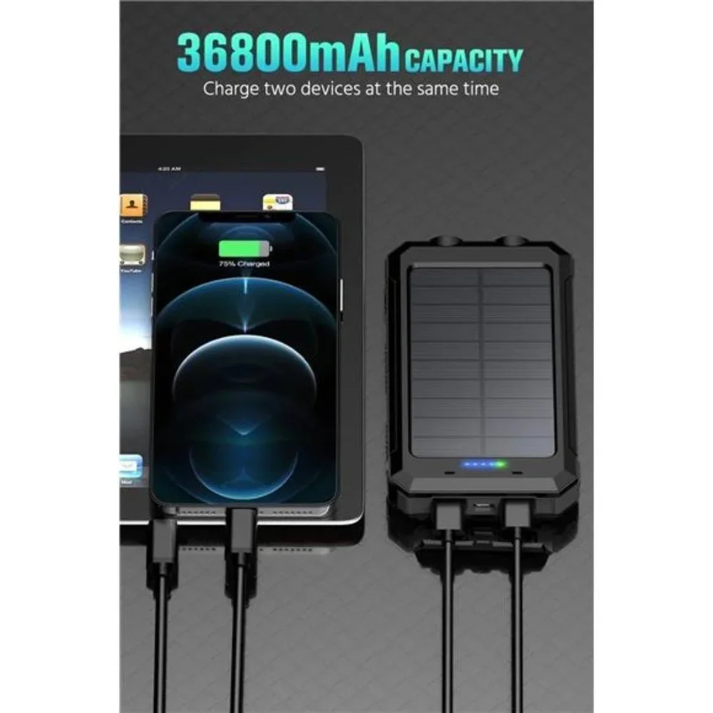 Solar Power Bank - 36800mAh Portable Charger Dual USB Port, Black